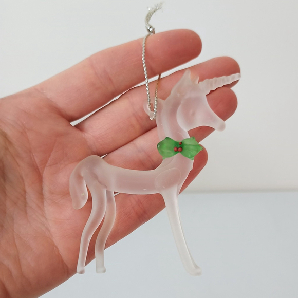 Vintage James A Cole Co 1984 Frosted Glass Unicorn W/ Holly Christmas Ornament - Picture 1 of 6